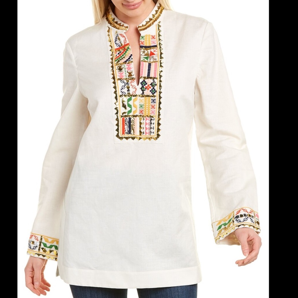Tory Burch Embellished Linen Blend Tunic Top Size 6 Boho Long Sleeve New Ivory